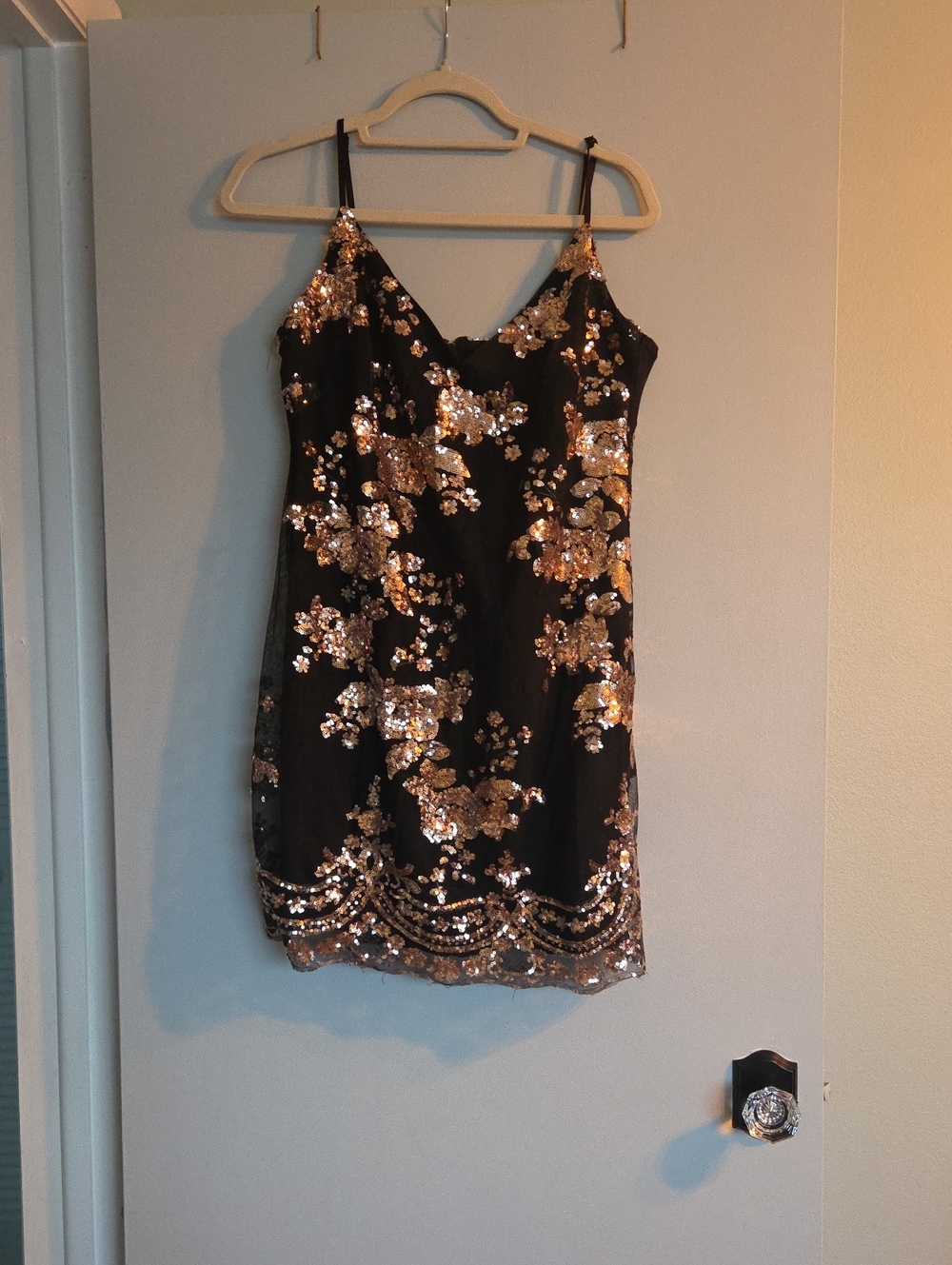 Black Sequin Floral Slip Dress with Gold Accents